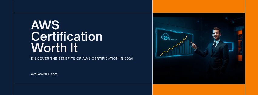 rofessional standing confidently before digital dashboard showing AWS certification ROI with 26% salary increase, cloud icon, and certification badge, symbolizing career growth and financial benefits of AWS certification in 2026