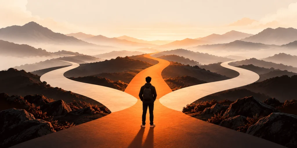 A person seen from behind stands at a fork where three paths wind into misty hills at sunrise, the middle one glowing orange