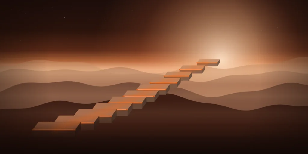 Illustration of glowing stone steps rising across dusk hills toward a bright horizon