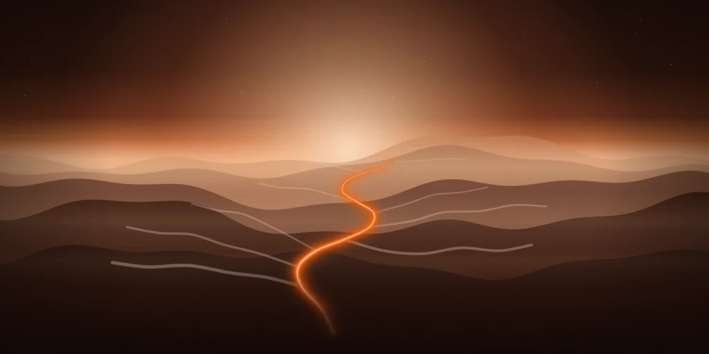 Illustration of a winding trail splitting across dusk hills, with one route glowing orange