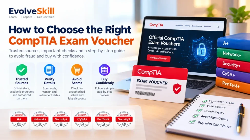 Guide banner: four steps to choosing a CompTIA exam voucher, shown with a laptop, a voucher card and a checklist