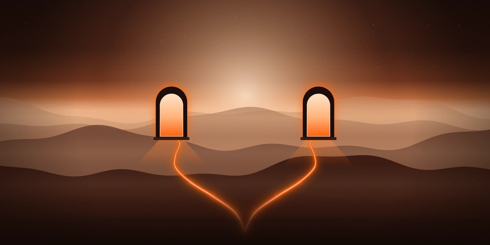 Illustration of two glowing doorways on dusk hills, reached by two paths that start from the same point