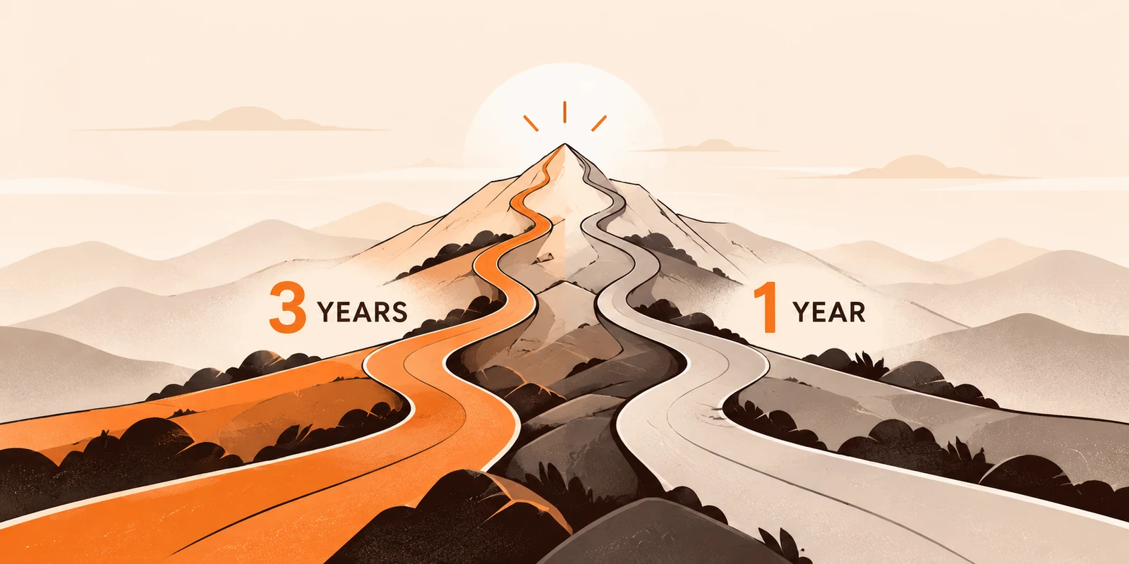 Minimal illustration of two routes climbing to one destination, one marked three years and one marked one year, in ink, orange and cream