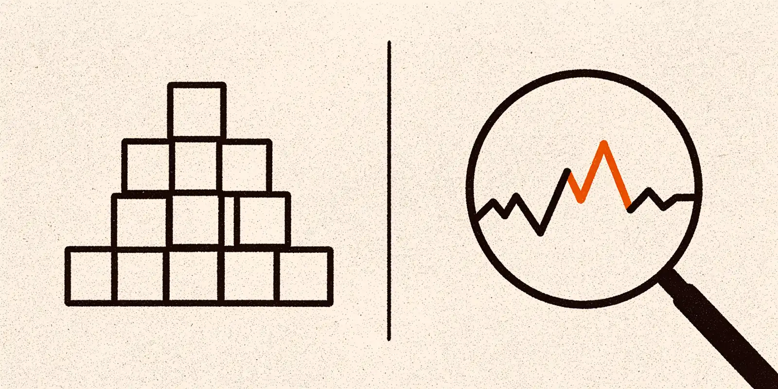 Minimal illustration contrasting a base of stacked blocks with a magnifying glass over a signal line, in ink, orange and cream