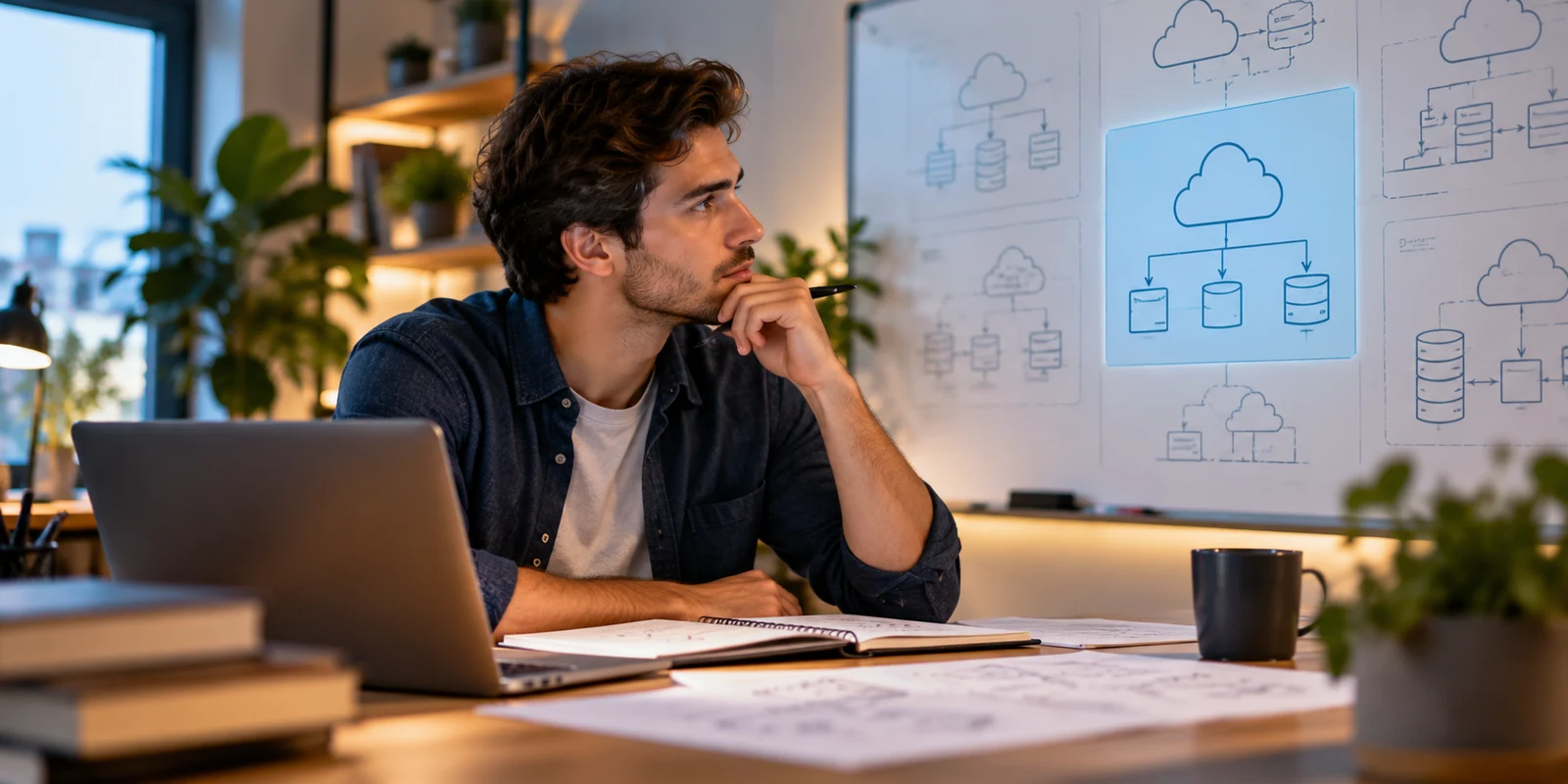Learner at a desk studying several cloud architecture sketches on a whiteboard