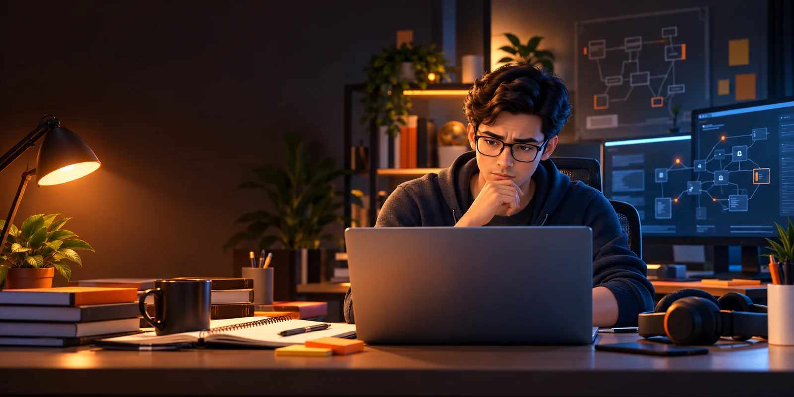 Learner in glasses studying at a laptop late at night, hand on chin, with network diagrams on monitors behind